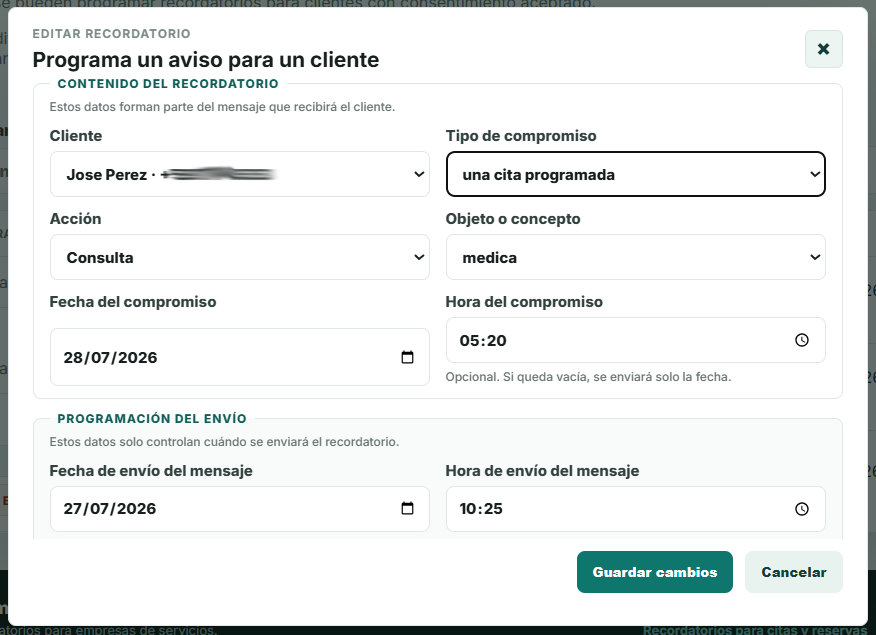 Panel del negocio con una cita confirmada