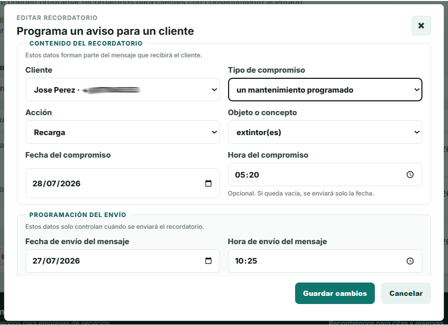 Panel con un servicio periódico confirmado