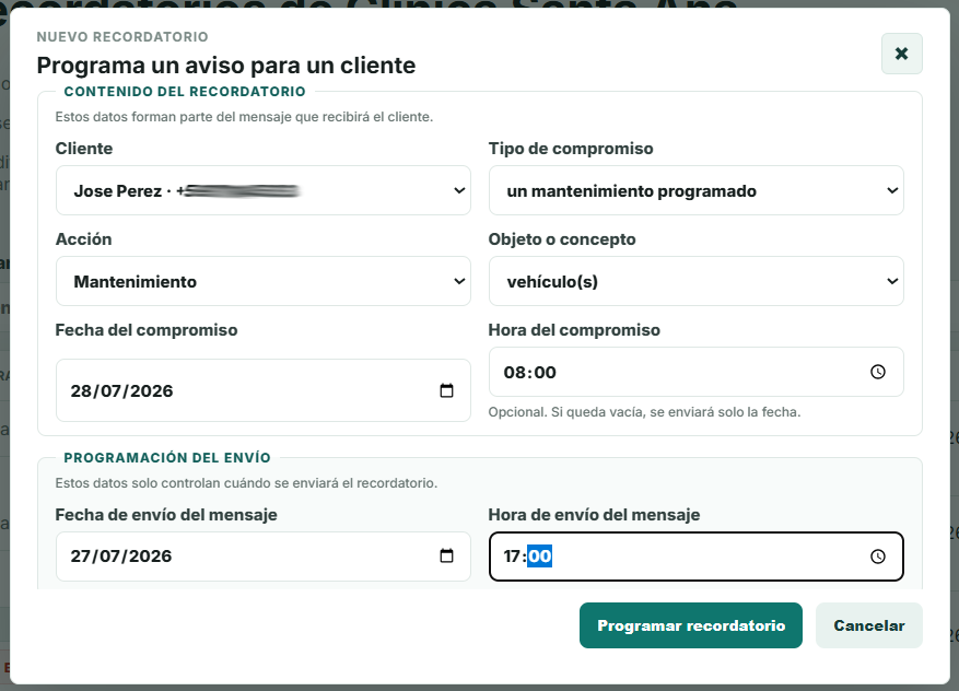 Panel del taller con un mantenimiento confirmado