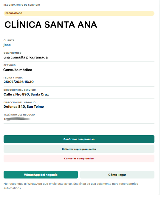Página de un recordatorio de cita