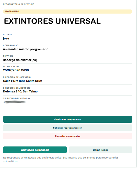 Página de un recordatorio de servicio periódico
