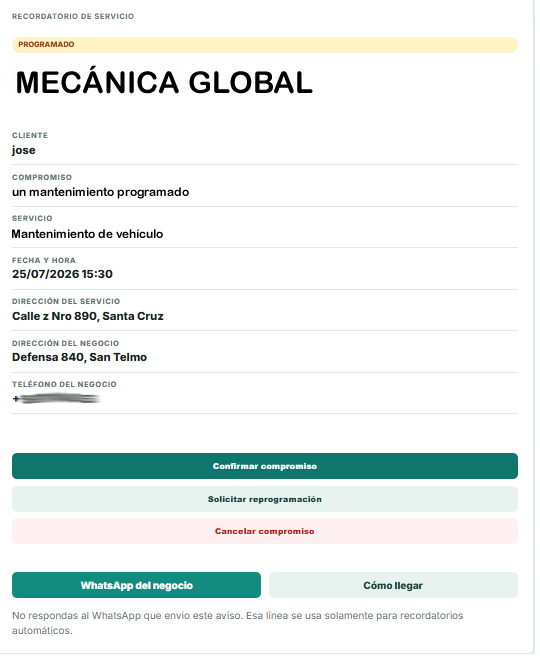 Página de un recordatorio de mantenimiento